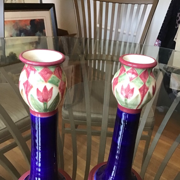 A. Suman Santa Barbara Handpainted Thrown Pottery Candlestick Pair Beautiful - Picture 3 of 9